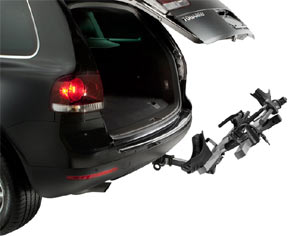 The Thule T2 2-Bike Platform Hitch Rack not in use but using Hitch Switch functionality to lean back allowing rear access