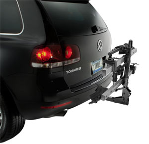 The Thule T2 2-Bike Platform Hitch Rack not in use but using Hitch Switch functionality to fold up and out of the way