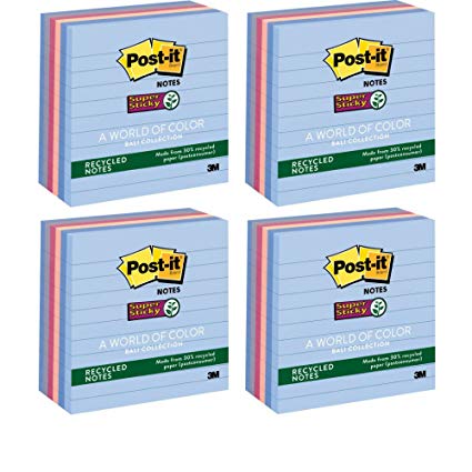 Post-it Greener Super Sticky Recycled Notes, 6 Pack 4 in x 4 in, Bali Collection - (4) Total of 24 Pack